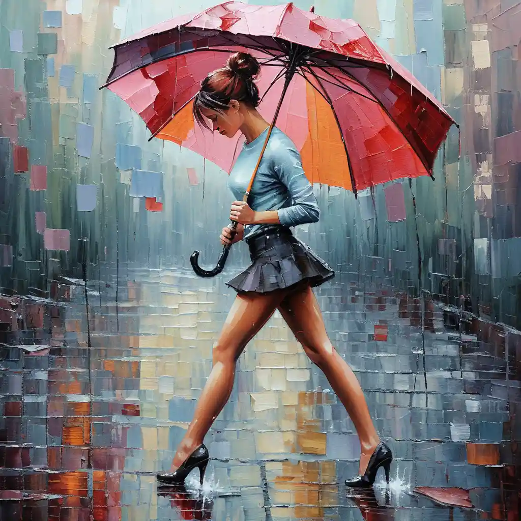 Mulher elegante com guarda-chuva vermelho em rua chuvosa da cidade