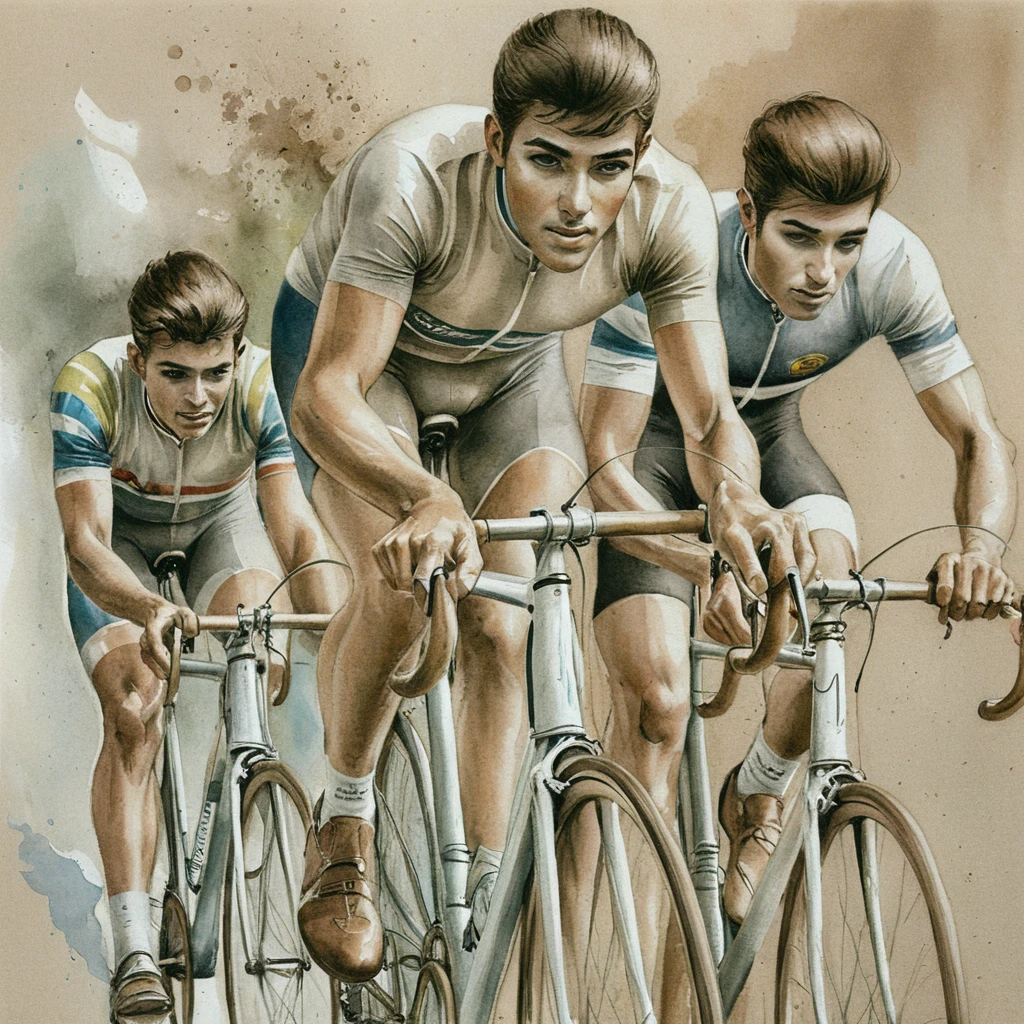 Ilustración en acuarela de tres ciclistas de carreras vintage en movimiento