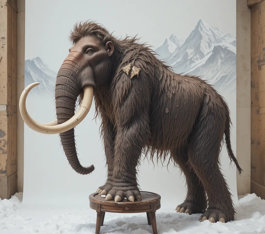 Wollmammut steht im Schnee vor eisigen Bergen