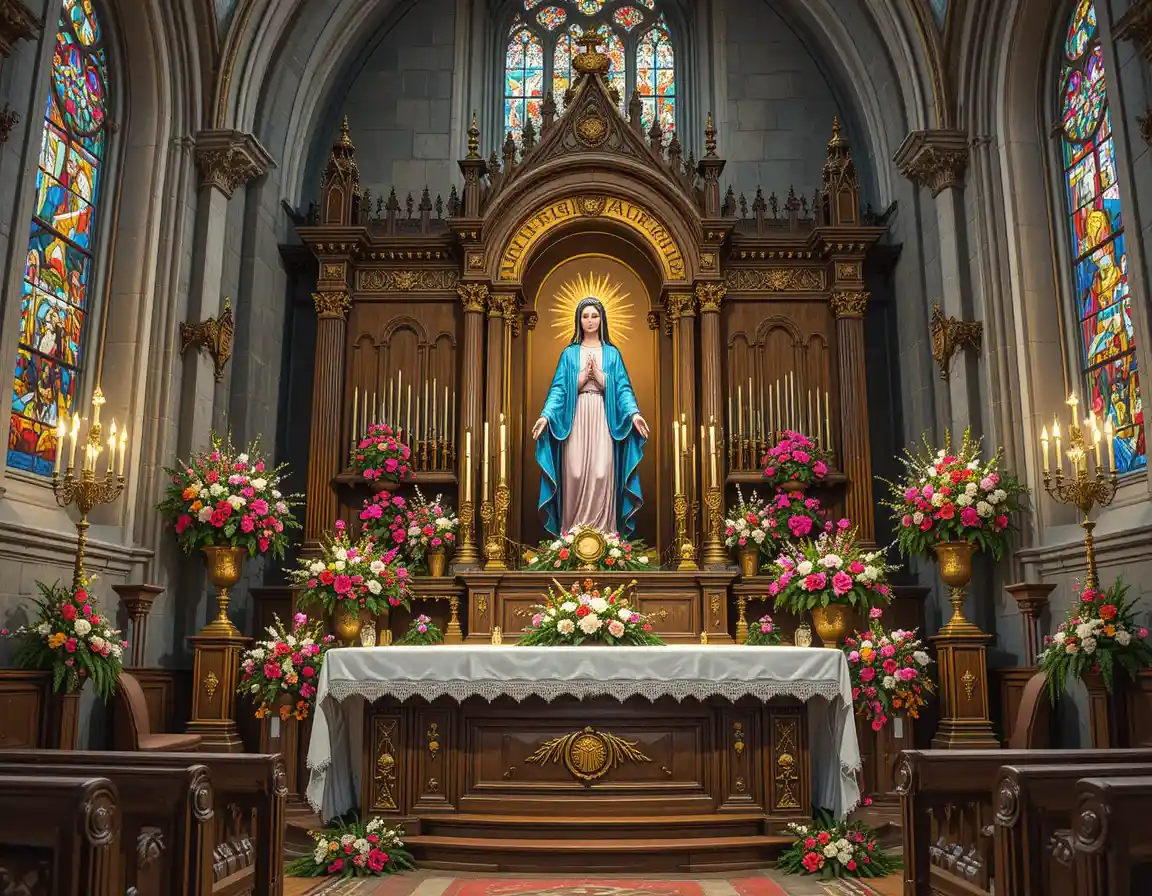 Ornate church altar with Virgin Mary in golden shrine