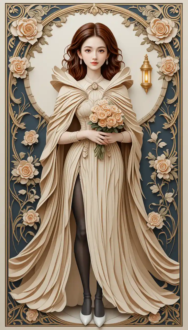 Renaissance woman in ornate paper cut floral illustration