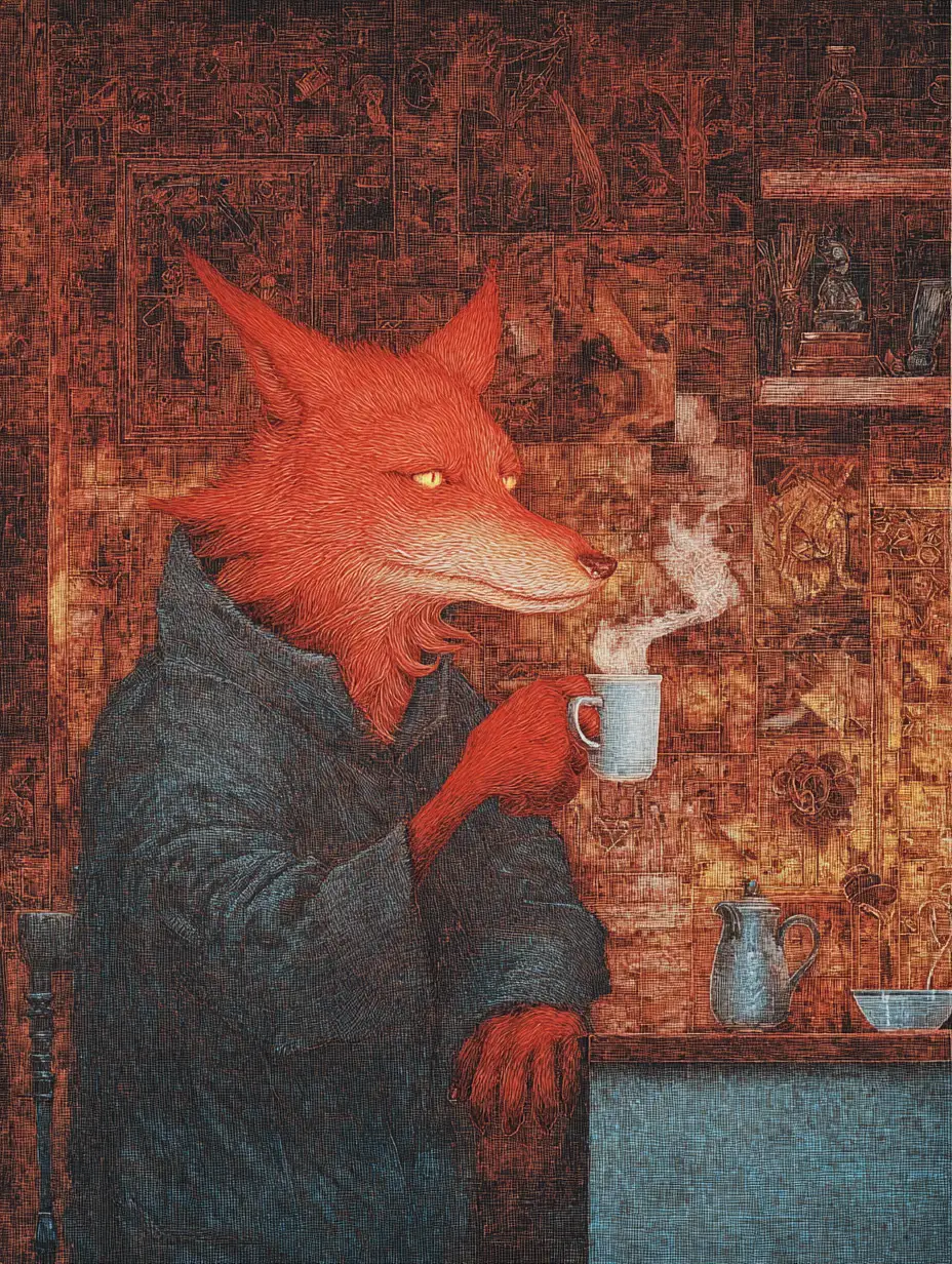 Anthropomorpher Piratenfuchs trinkt Kaffee in einer Küche