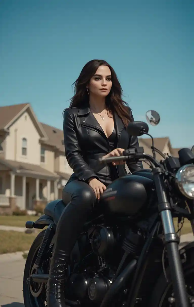 Confident woman on motorcycle in a sunny suburban street