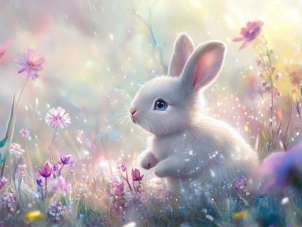 Cute baby rabbit in a pastel fantasy flower meadow