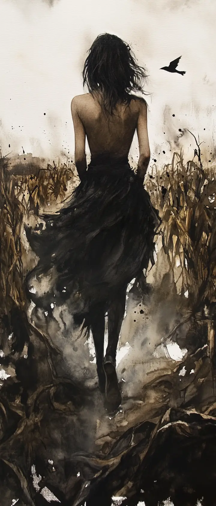 Femme gothique dans un champ de maïs avec des ombres aquarelle dramatiques