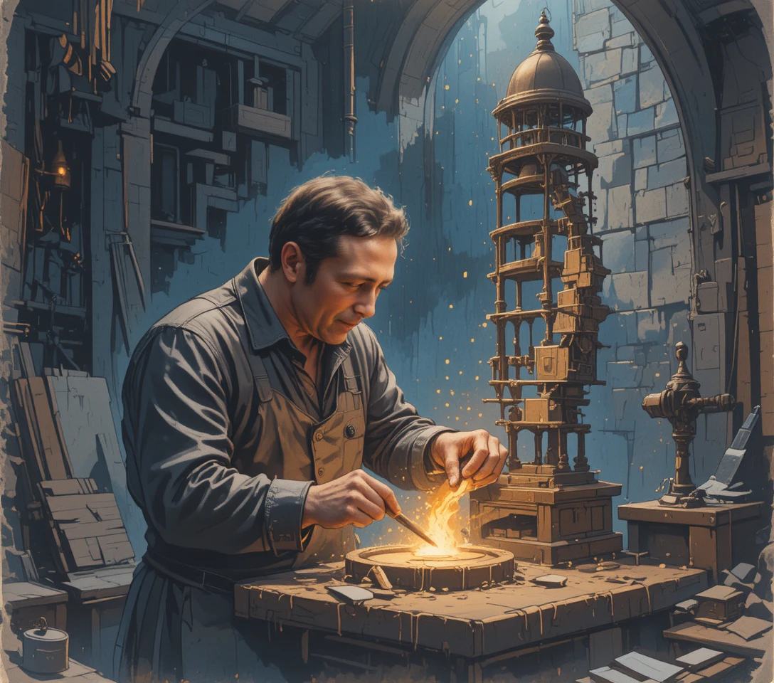Artisan blacksmith crafting a complex bell chime support