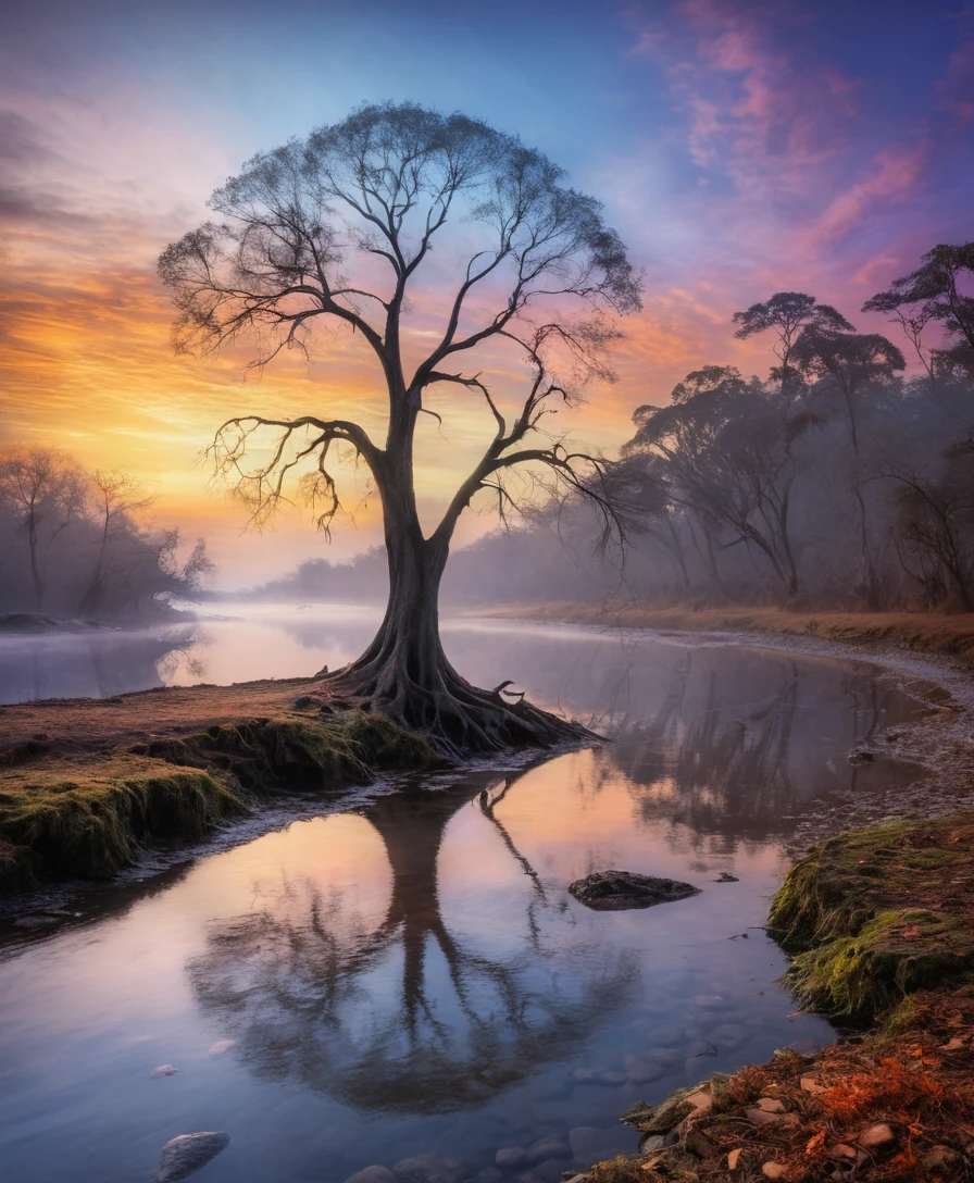 Lonely tree reflected in a misty sunset river scene