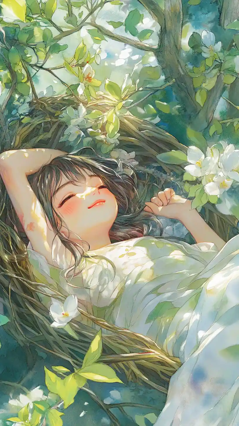 Cheerful Animal Girl Resting In A Garden Nest