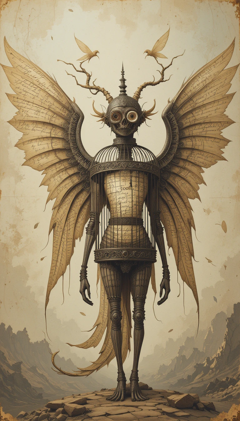 Criatura alada surreal con alas de pergamino y torso en forma de jaula