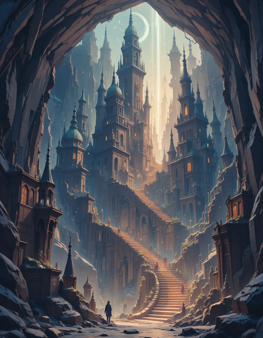 Verwunschene Kristallstadt mit unmöglichen Treppen und Runen