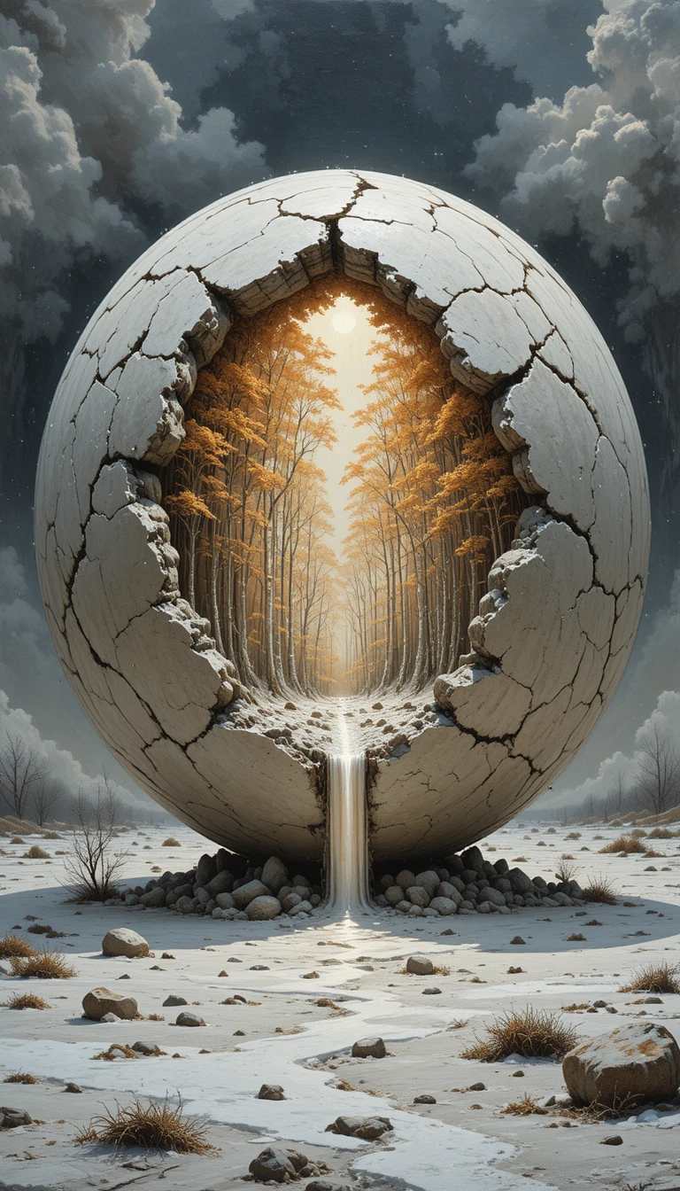 Esfera de pedra rachada surreal brilhando em uma planície de inverno