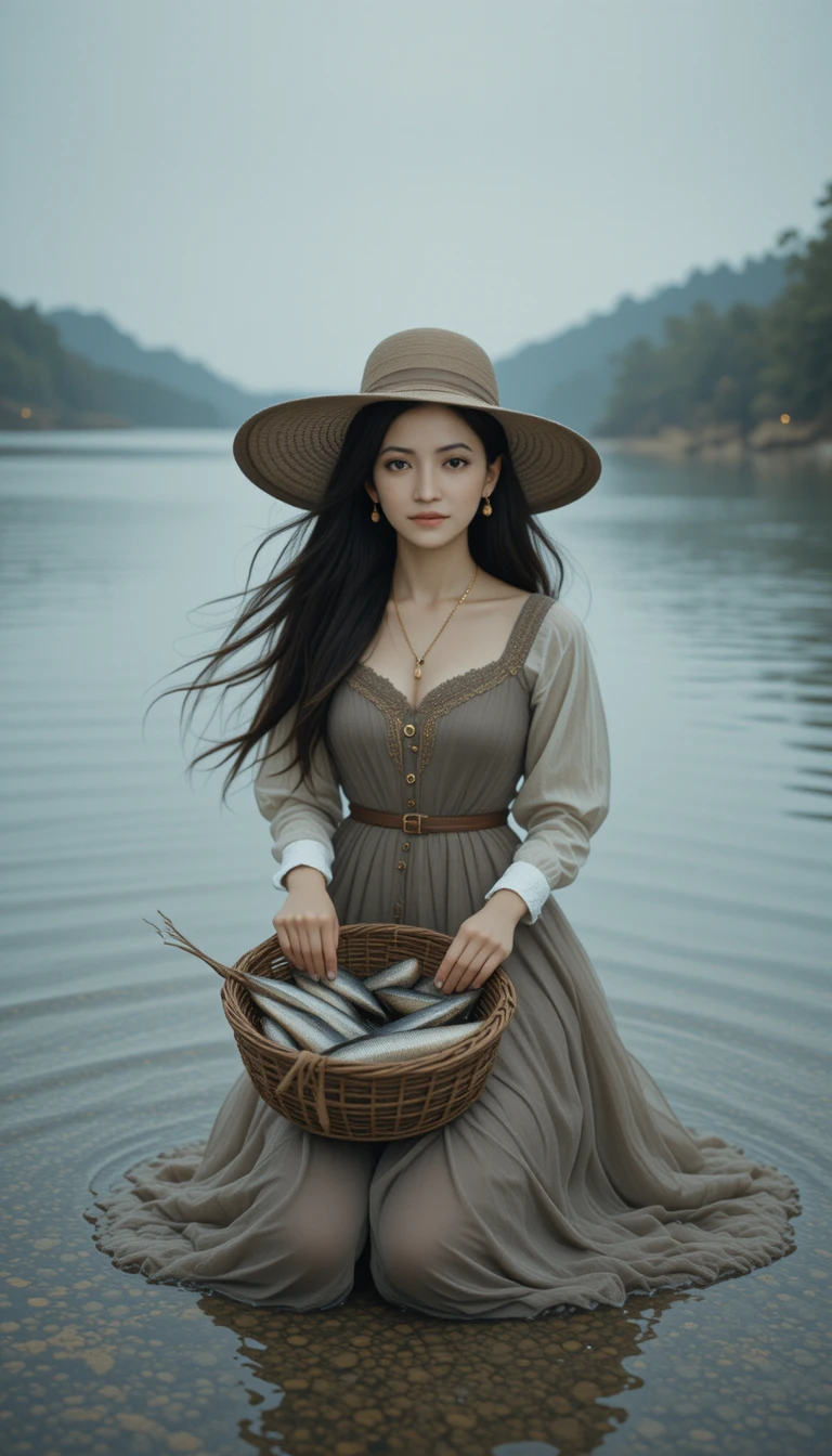 Femme éthérée agenouillée au bord d’un lac paisible