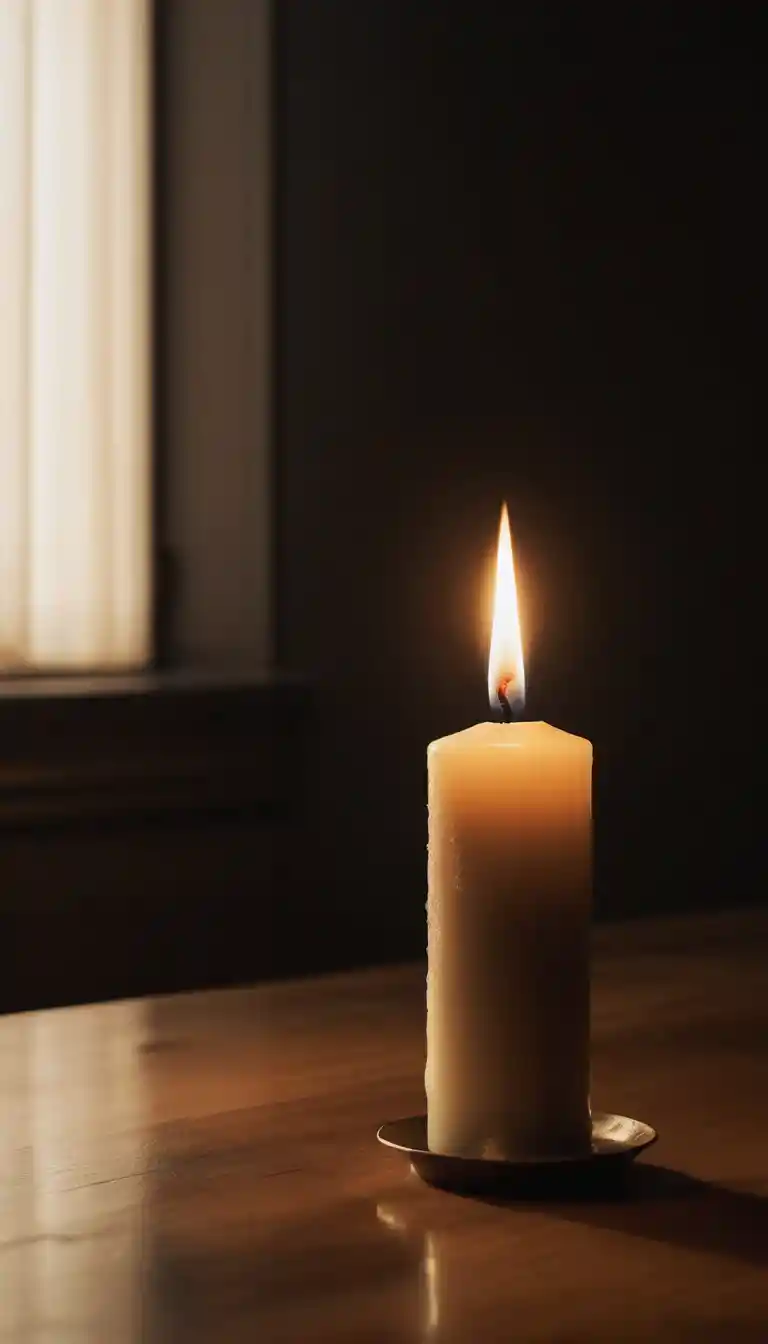 Fiamma di una singola candela che brilla delicatamente in una stanza buia