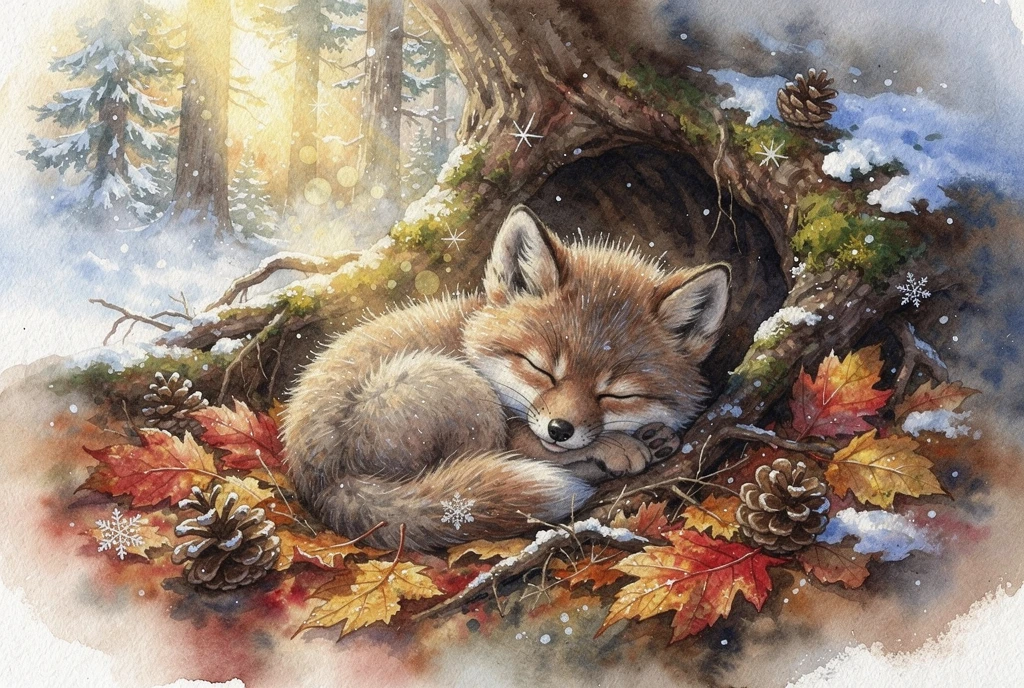 Sleeping baby wolf in a cozy watercolor forest den