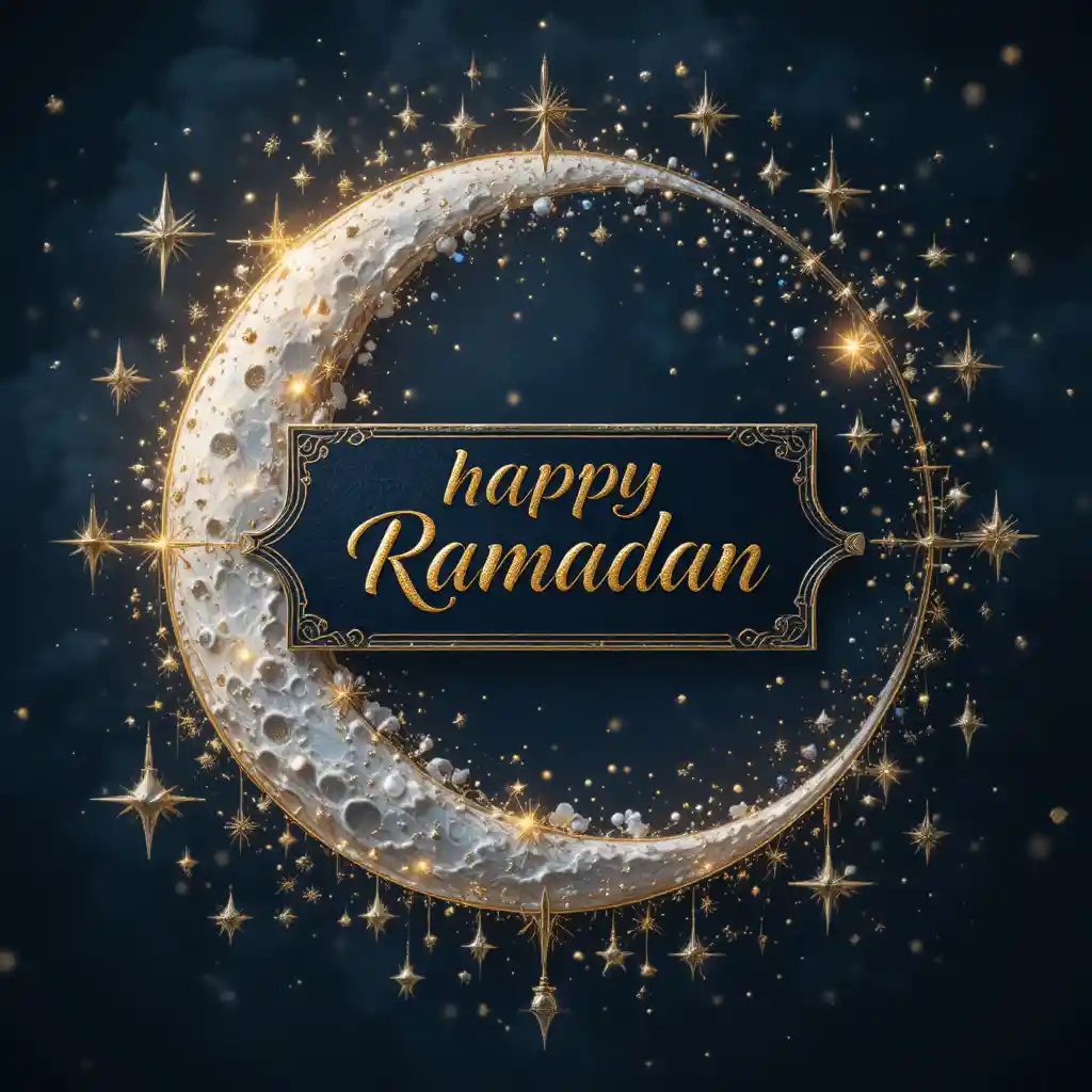 Croissant de lune doré et étoiles avec calligraphie « Happy Ramadan »