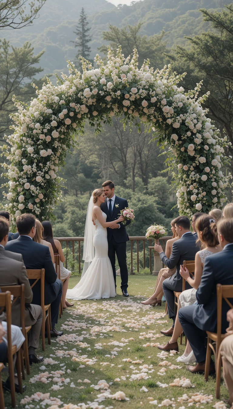 Casal em casamento rural sob um simples arco de flores campestres