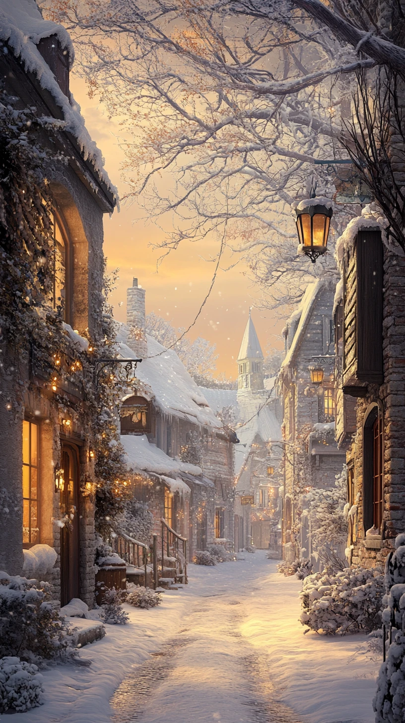 Peaceful winter town street glowing with warm window light
