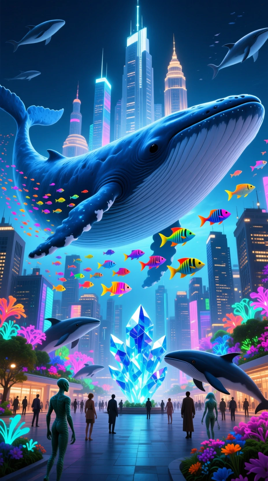 Cidade bioluminescente construída sobre as costas de uma baleia