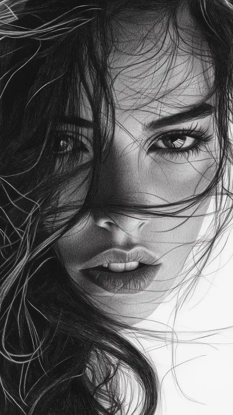 Graphite portrait of a young woman with windswept wavy hair
