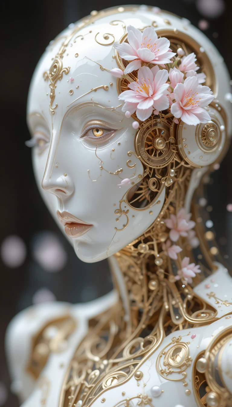 Robô de porcelana com filigrana dourada e flores de cerejeira