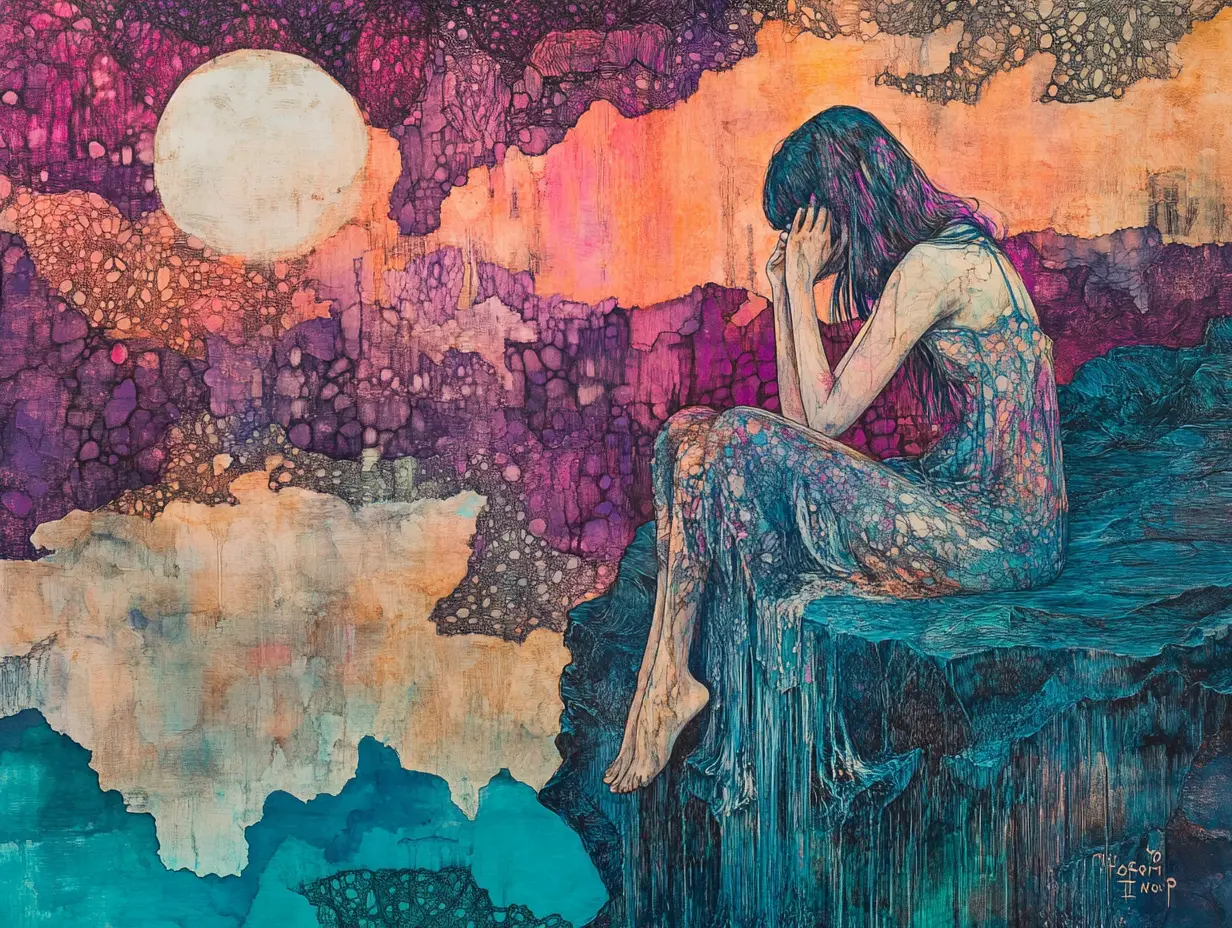 悲傷少女坐在懸崖上的超現實線條藝術