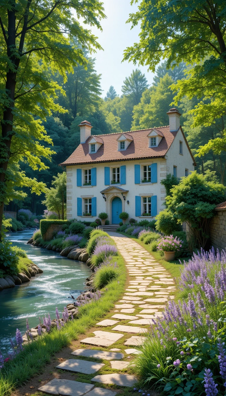 Cottage de campagne blanc au bord d’une rivière forestière en plein jour