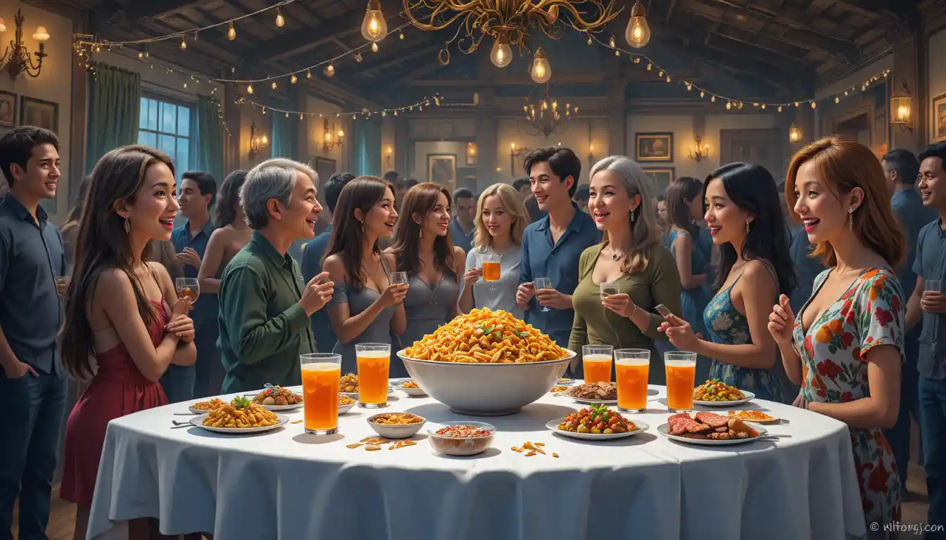 Festive indoor party with table of drinks and snacks
