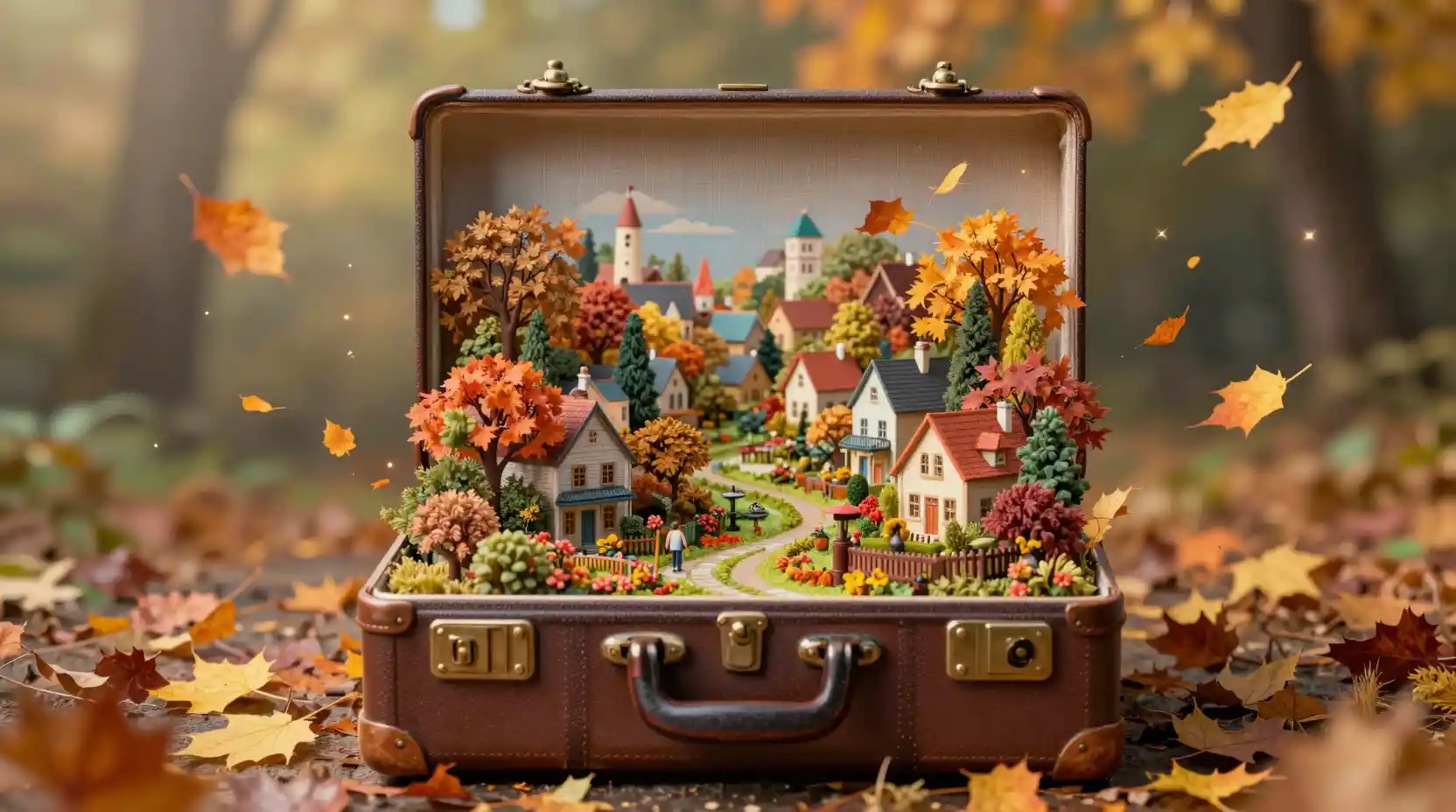Valigia vintage con un minuscolo giardino di un villaggio autunnale