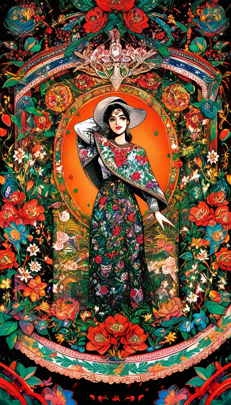 Santa mística da morte entre flores e símbolos sagrados