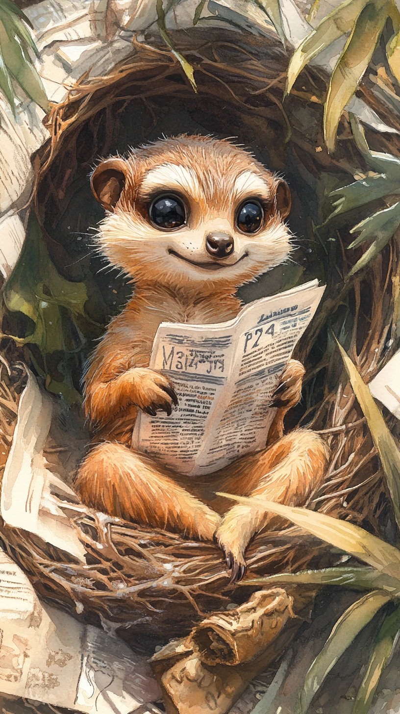 Cheerful Meerkat Reading In A Cozy Garden Nest
