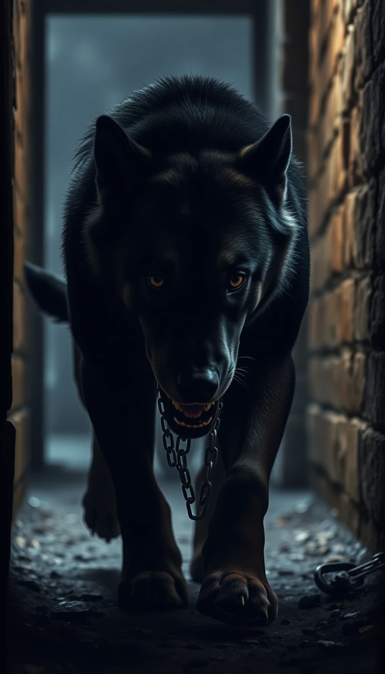 Chien massif émergeant des ombres dans une pièce sombre