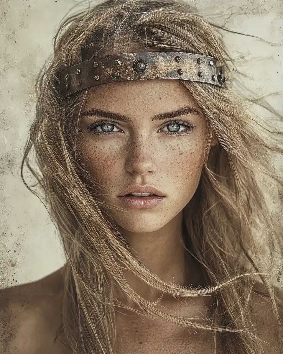 Warrior woman portrait with wild hair and intense gaze