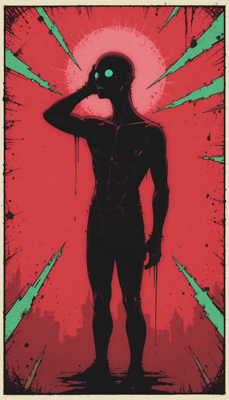 Figure humanoïde anxieuse dans un style de comic underground gritty