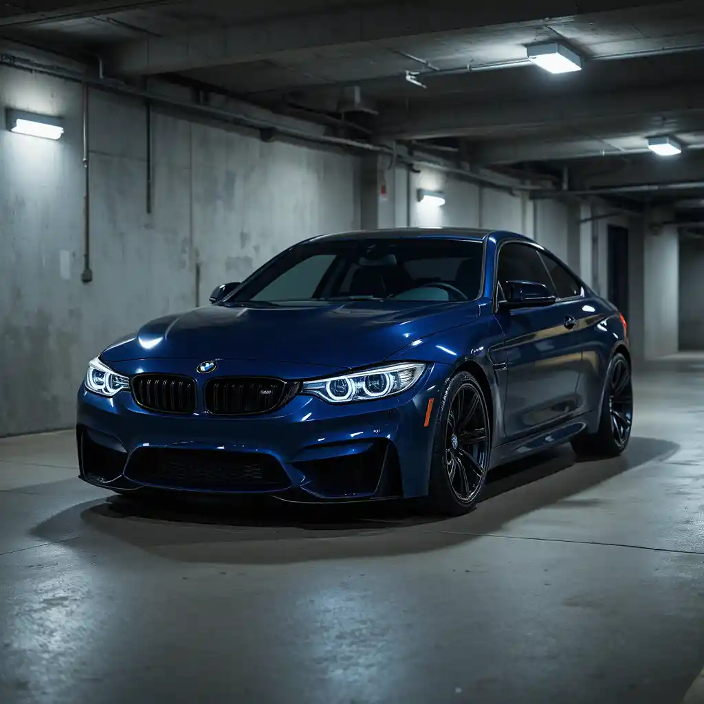 地下駐車場に停められたダークブルーのスポーツカー
