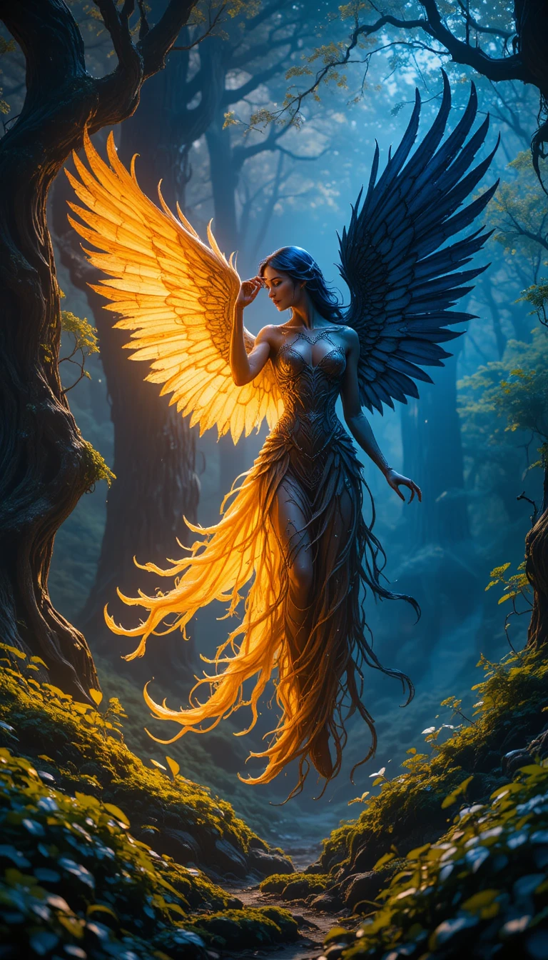 Anjo celestial de luz e sombra em floresta encantada