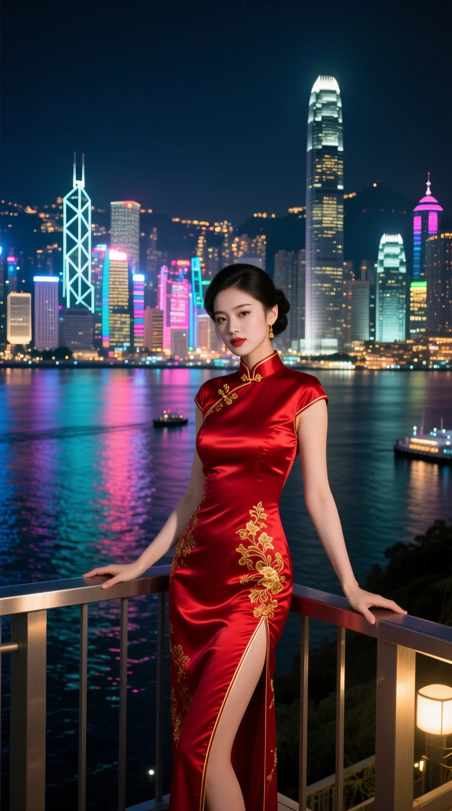 Frau im roten Cheongsam über der nächtlichen Skyline von Hongkong