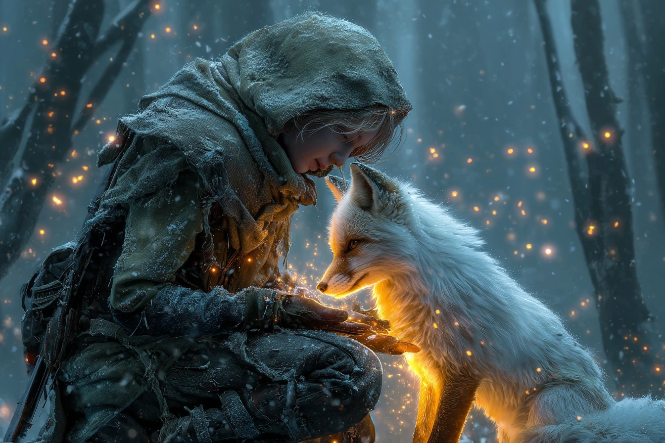 Lien mystique avec un renard lumineux dans une forêt enneigée