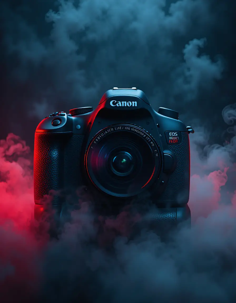 深色電影感攝影棚背景中的 Canon DSLR 相機