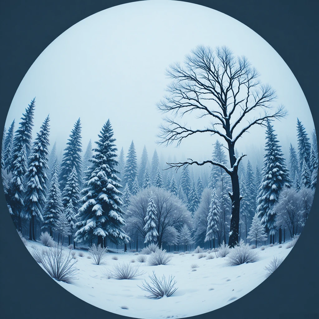 Snow covered winter forest framed by circular vignette