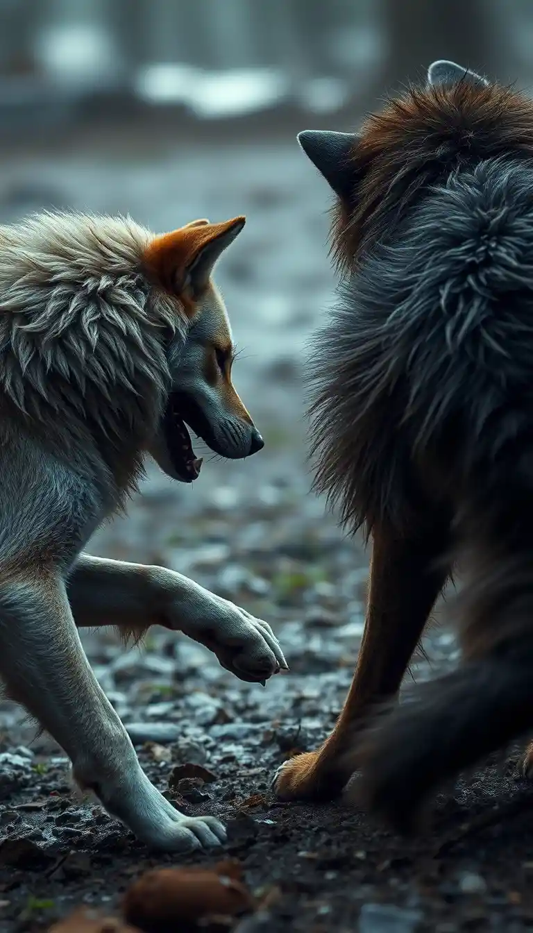 Deux loups blessés qui tournent en rond dans un face-à-face tendu en pleine nature