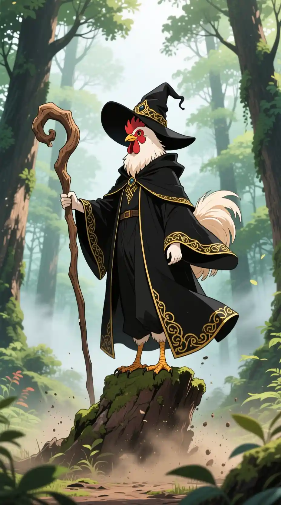 Verspielter Anime-Huhn-Zauberer im nebligen Wald