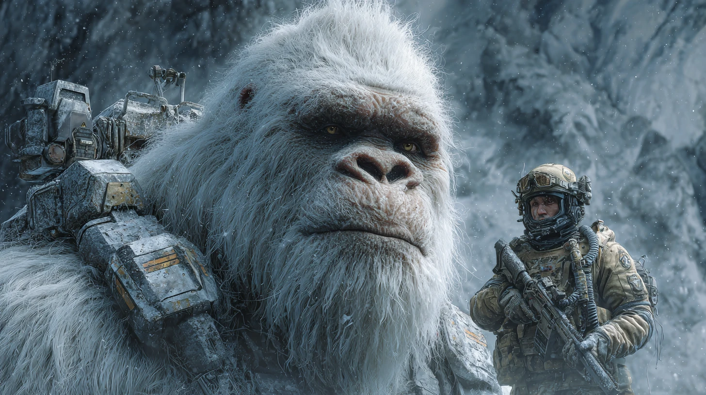 Yeti branco cibernético com armadura em close nas montanhas nevadas