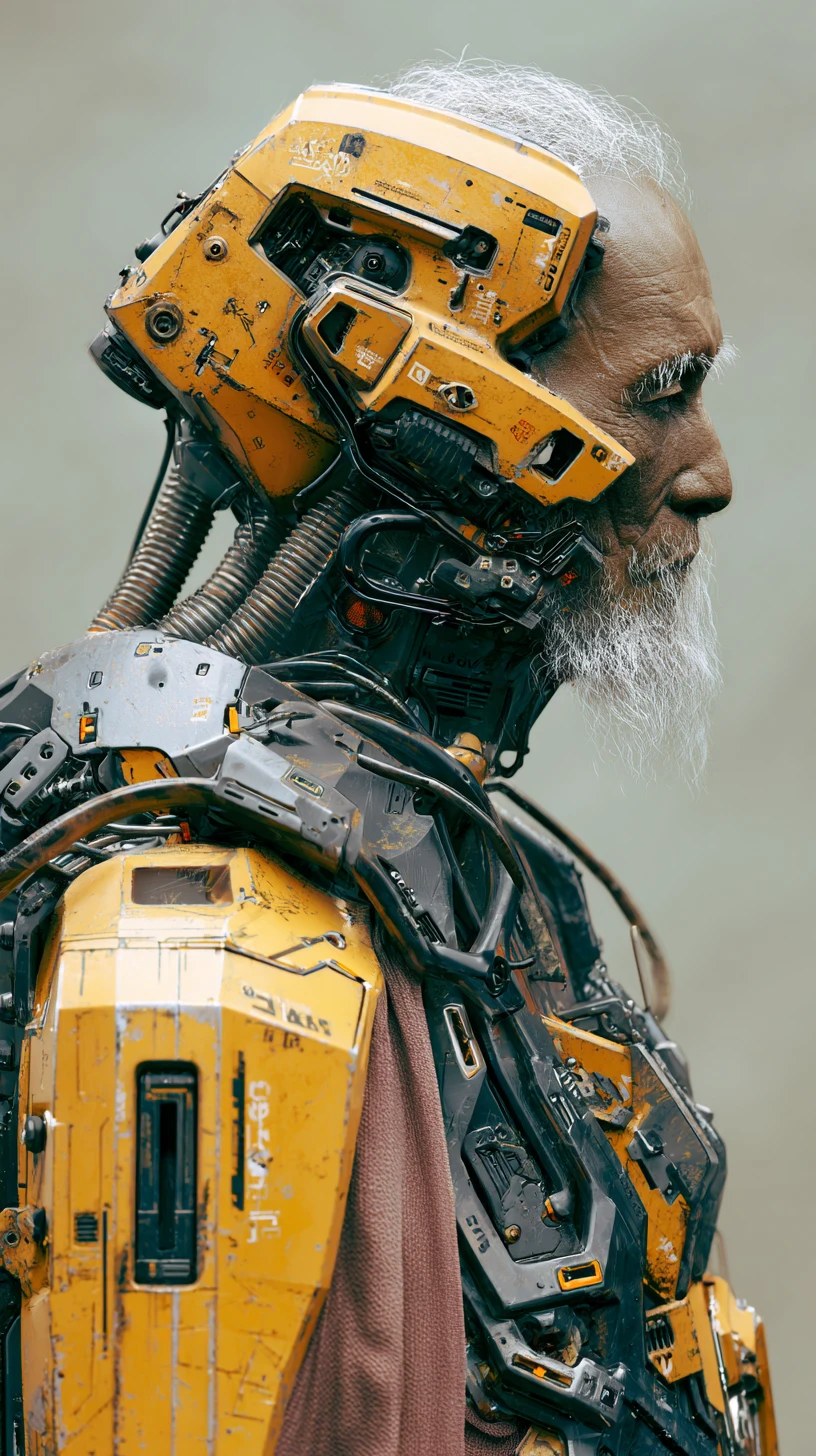 Idoso asiático cyberpunk com torso mecânico e máscara