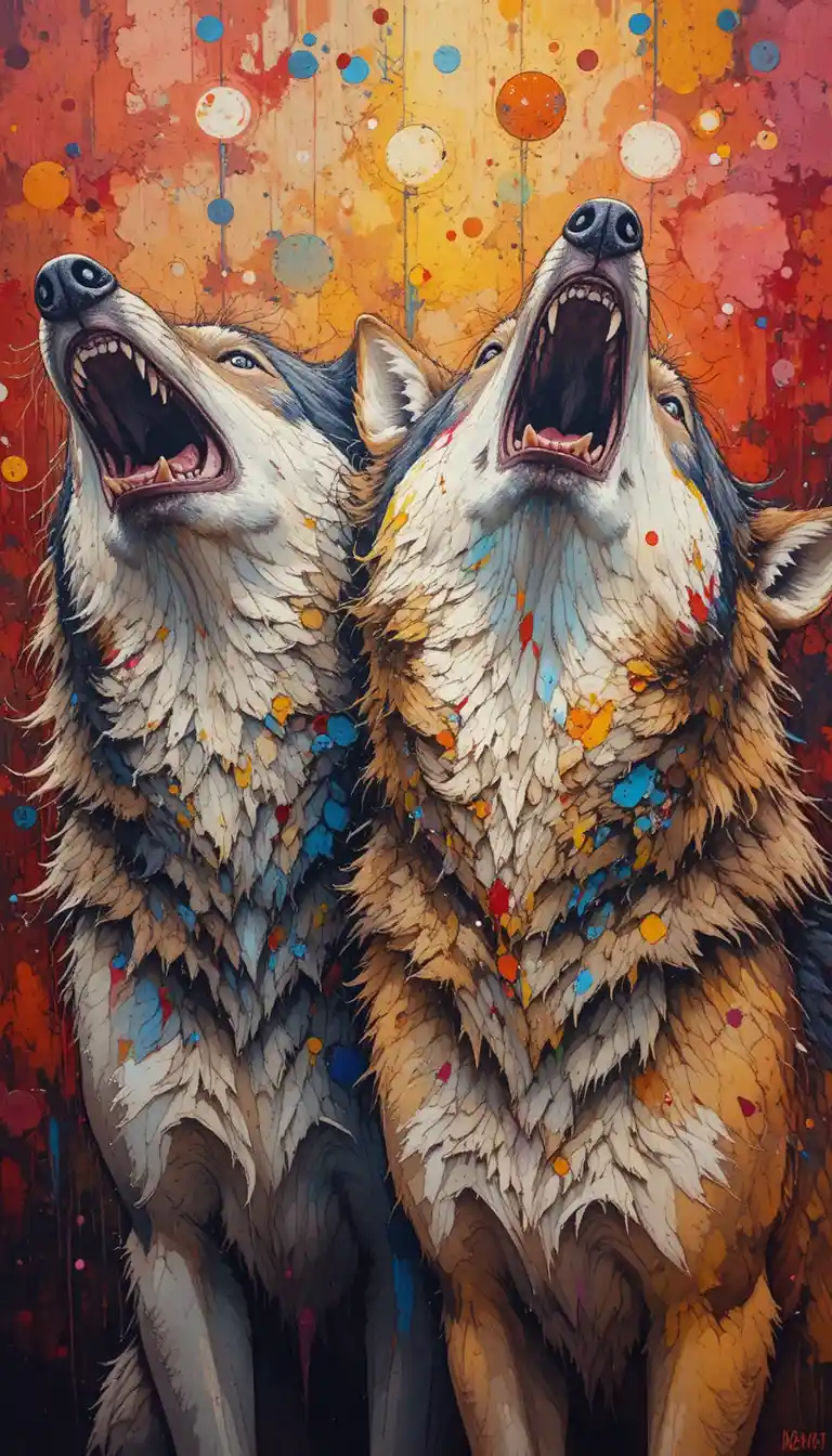 Dois lobos uivando alto em cores impressionistas vibrantes