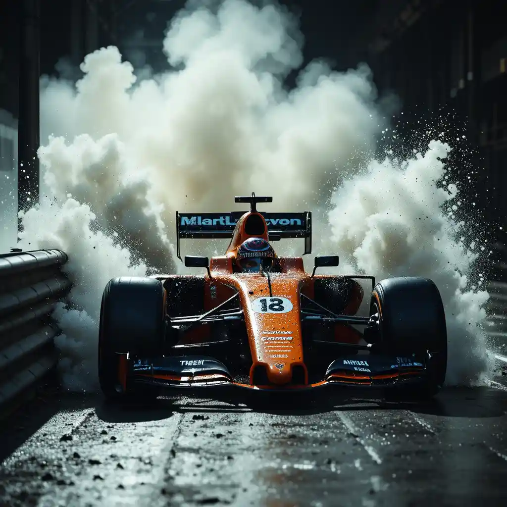 Cinematic crash of a formula race car hitting the barrier