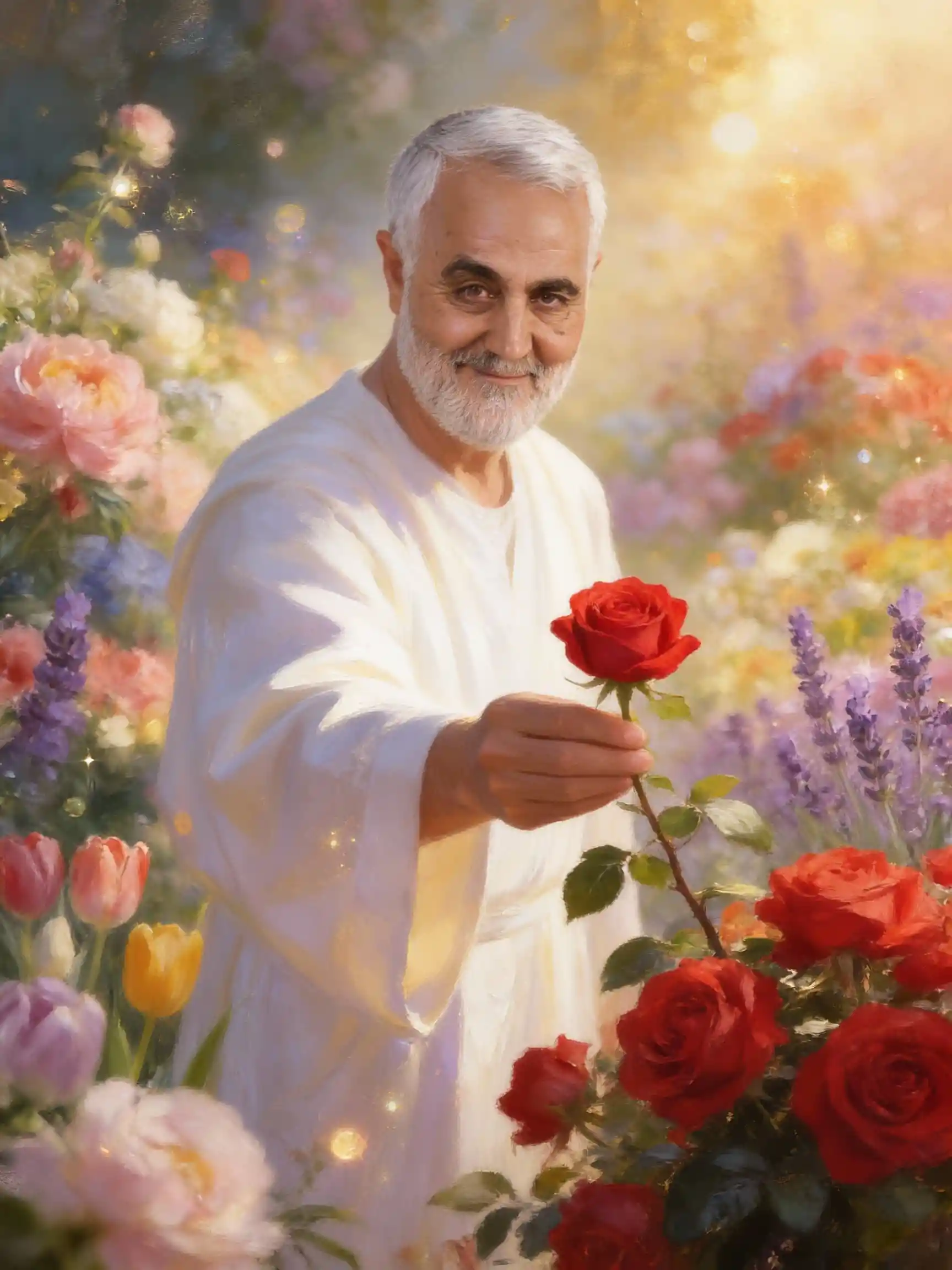 Sabio anciano que ofrece una sola rosa roja