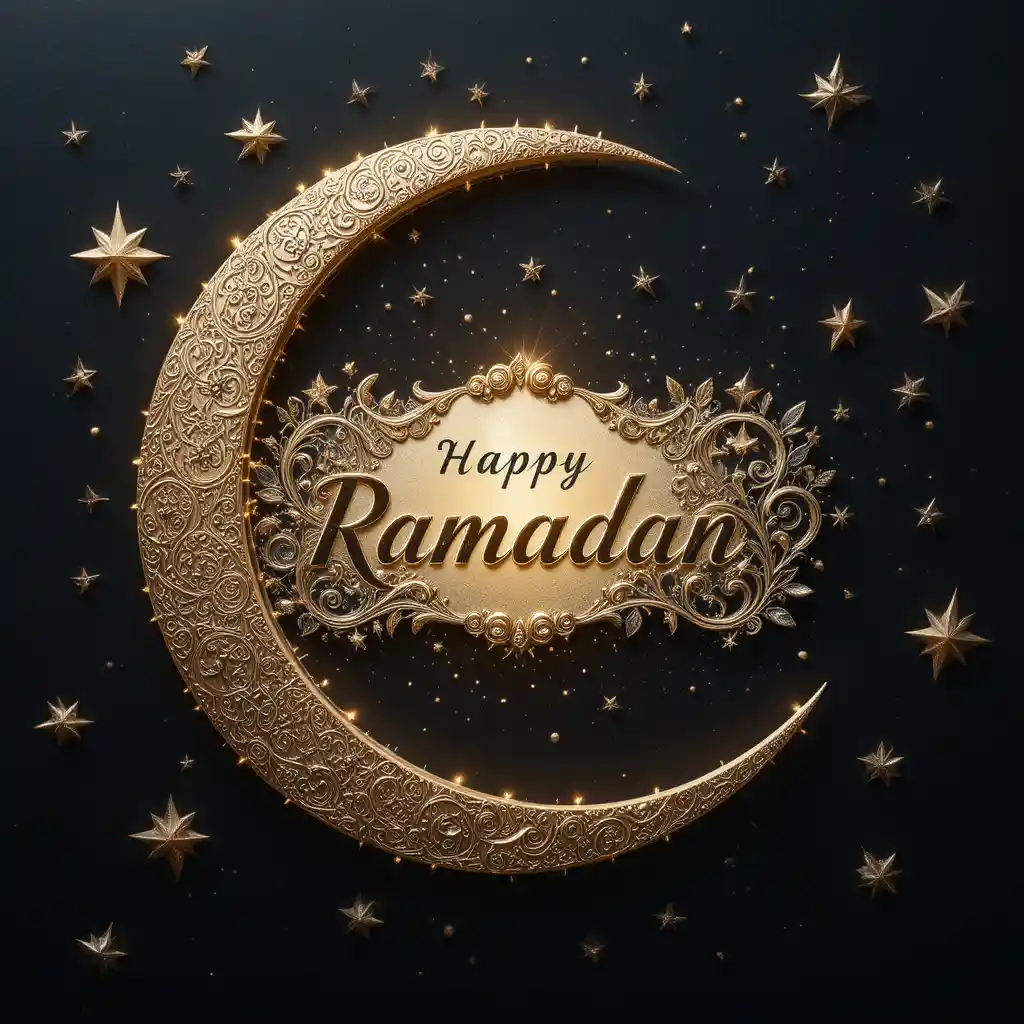 發光新月與「Happy Ramadan」花體字標籤