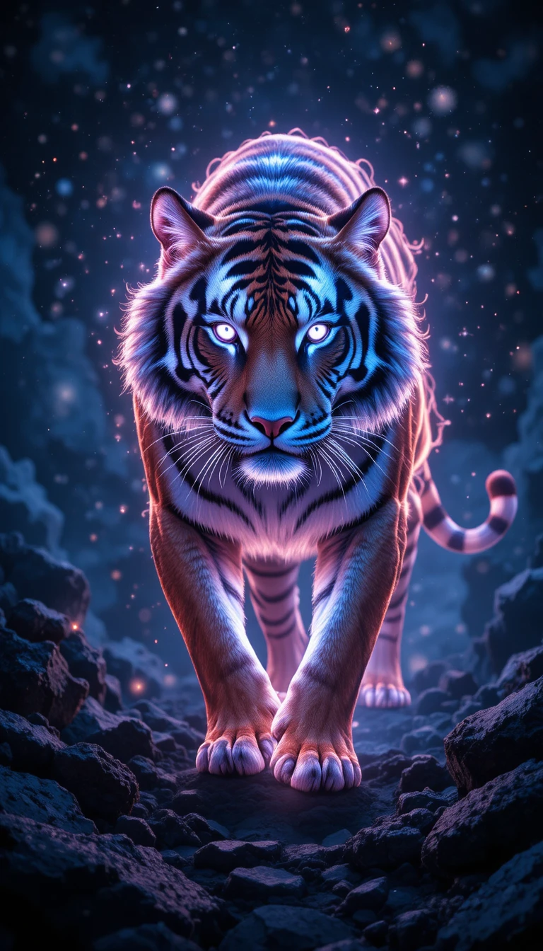 Tigre mystique et lumineux avançant dans l'obscurité cosmique