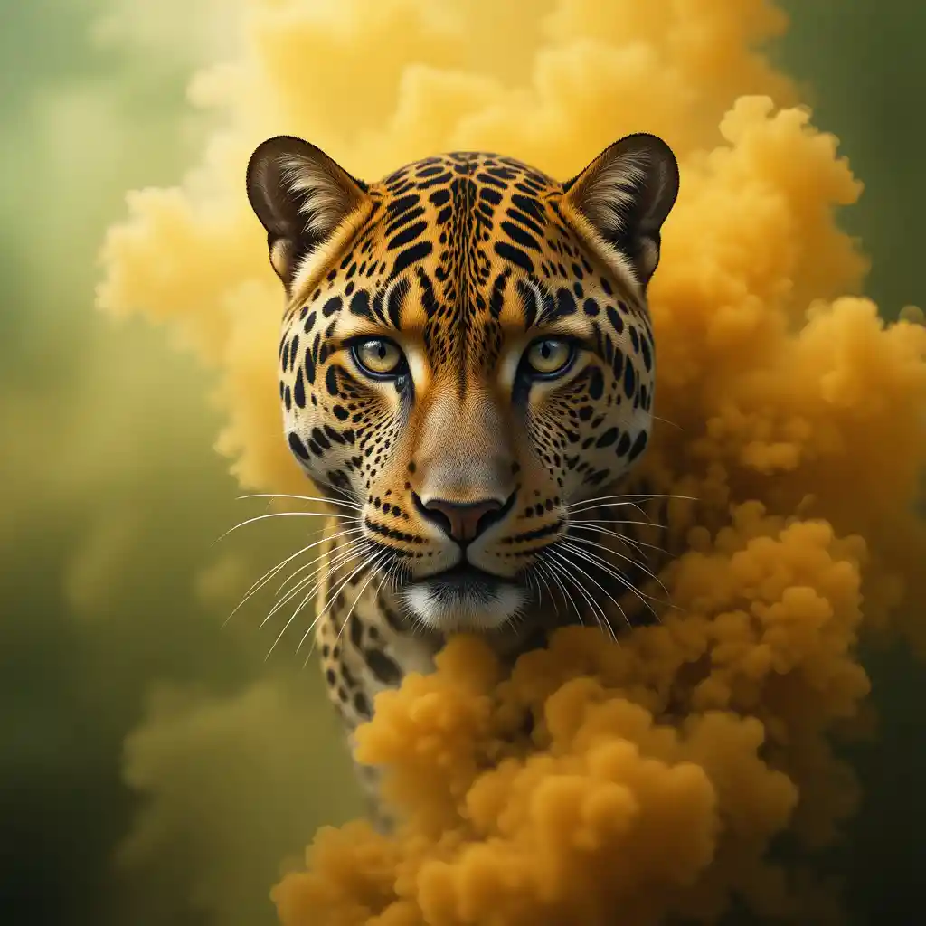 Leopard Against Luminous Green And Gold Abstract Gradient