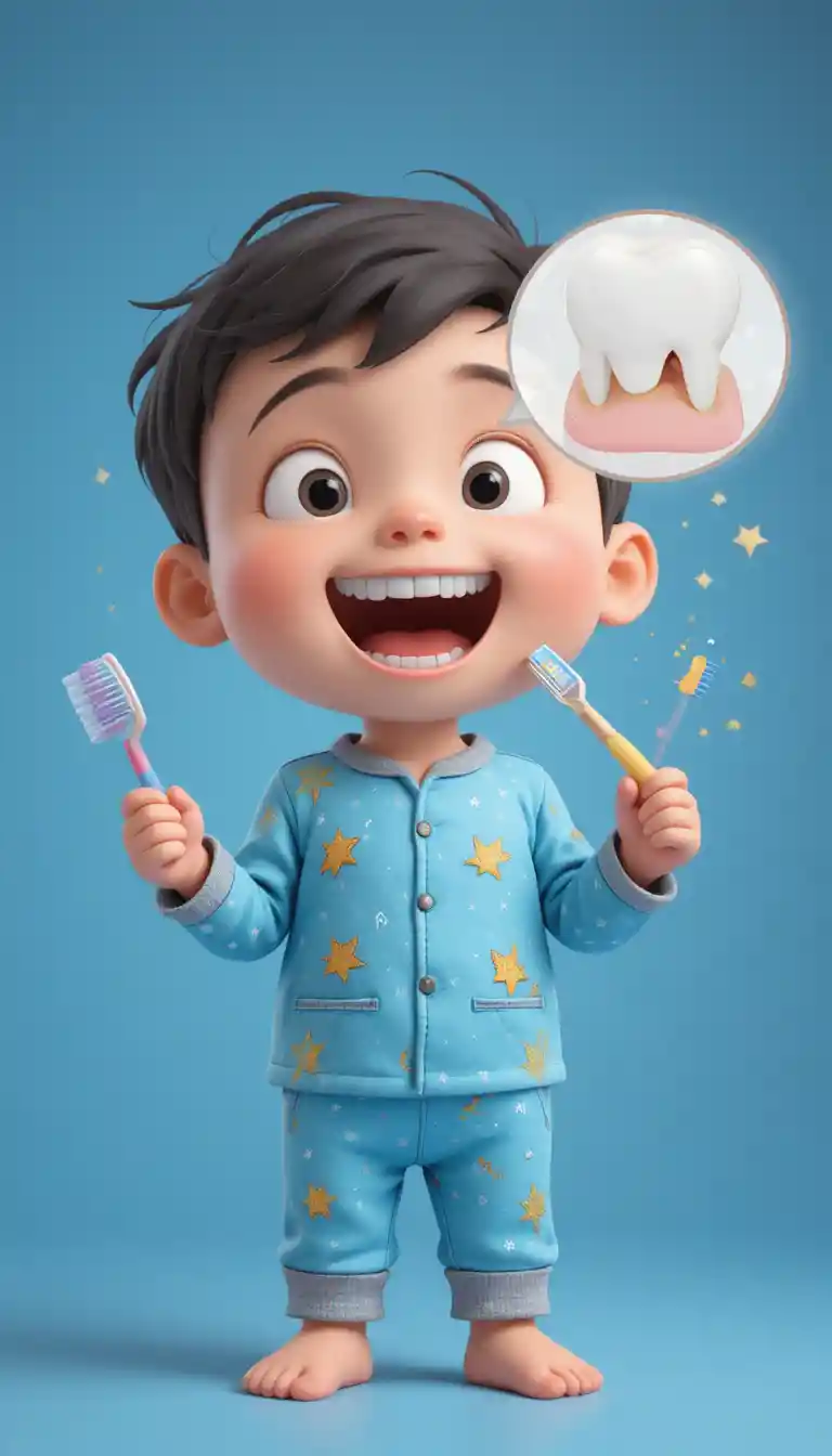 3D 치과 일러스트에서 막대사탕과 칫솔을 들고 있는 아이